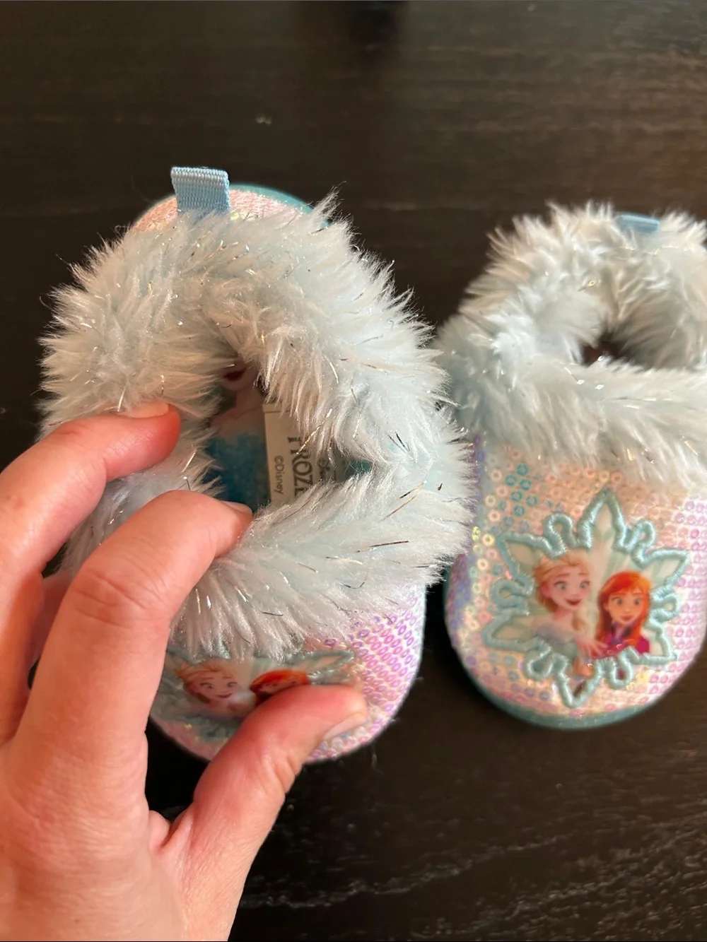 Disney Frozen Girls Sequin Faux Fur Slippers - Light Blue, Pink, Silver